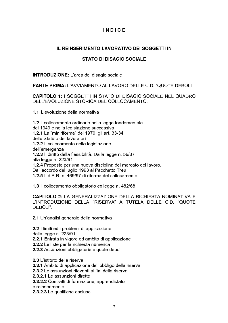 Indice della tesi: Il reinserimento lavorativo dei soggetti in stato di disagio sociale, Pagina 1