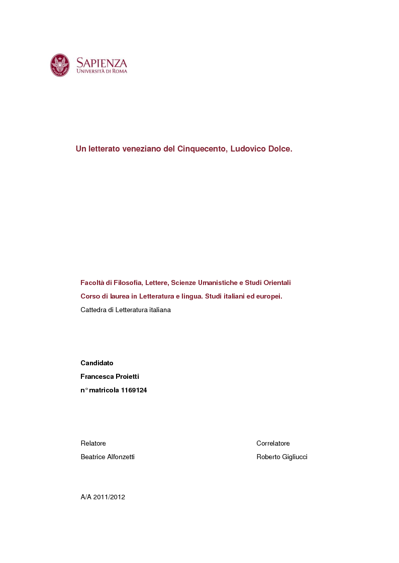Anteprima della tesi: Un letterato veneziano del Cinquecento, Ludovico Dolce, Pagina 1