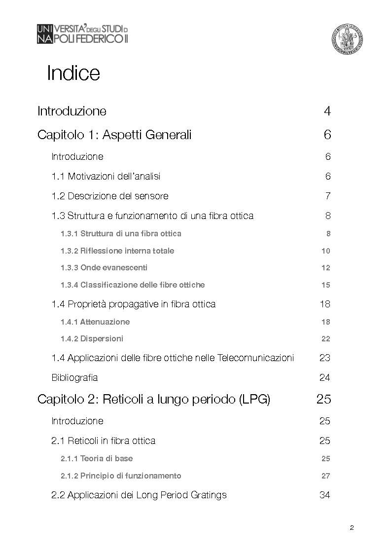 Indice della tesi: Analisi di un sensore di flusso privo di contatti elettrici basato su reticoli a lungo periodo in fibra ottica, Pagina 1