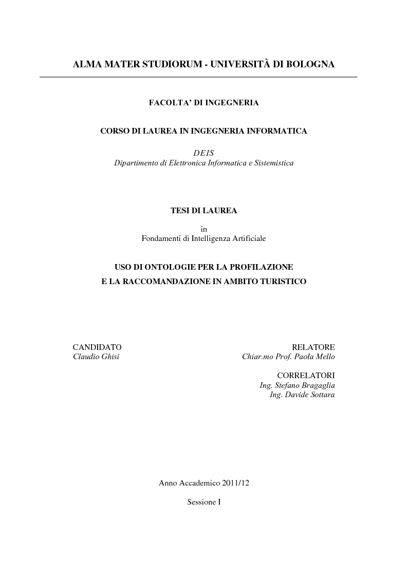 Anteprima della tesi: Uso di ontologie per la profilazione e la raccomandazione in ambito turistico, Pagina 1