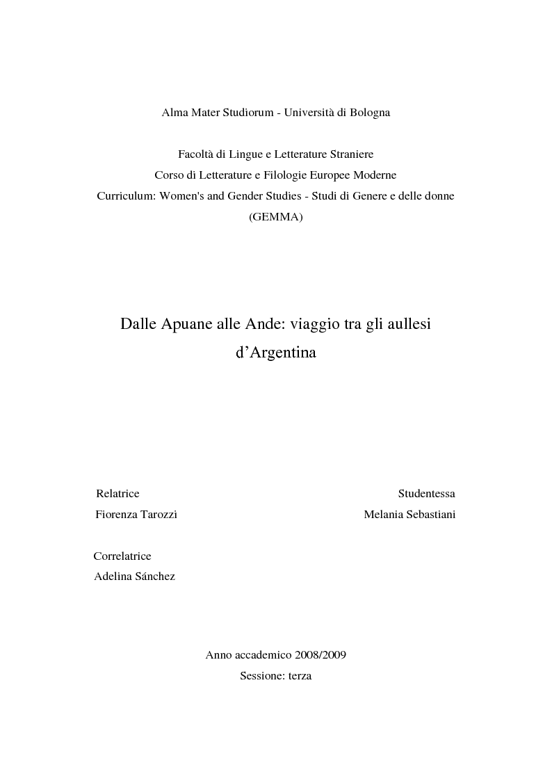 Anteprima della tesi: Dalle Apuane alle Ande: viaggio tra gli aullesi d’Argentina, Pagina 1