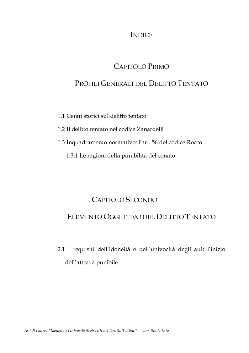 Indice della tesi: Idoneità e univocità degli atti nel delitto tentato, Pagina 1