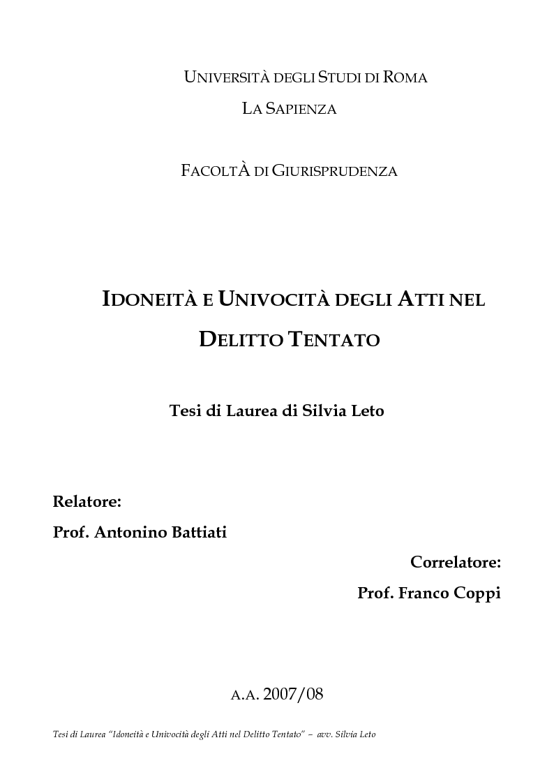 Anteprima della tesi: Idoneità e univocità degli atti nel delitto tentato, Pagina 1