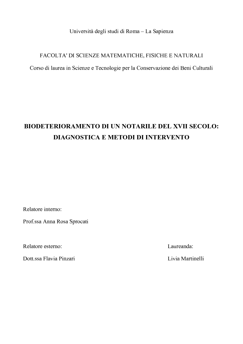 Anteprima della tesi: Biodeterioramento di un Notarile del XVII secolo: diagnostica e metodi di intervento, Pagina 1