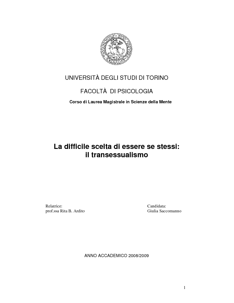 Anteprima della tesi: La difficile scelta di essere se stessi: il transessualismo, Pagina 1