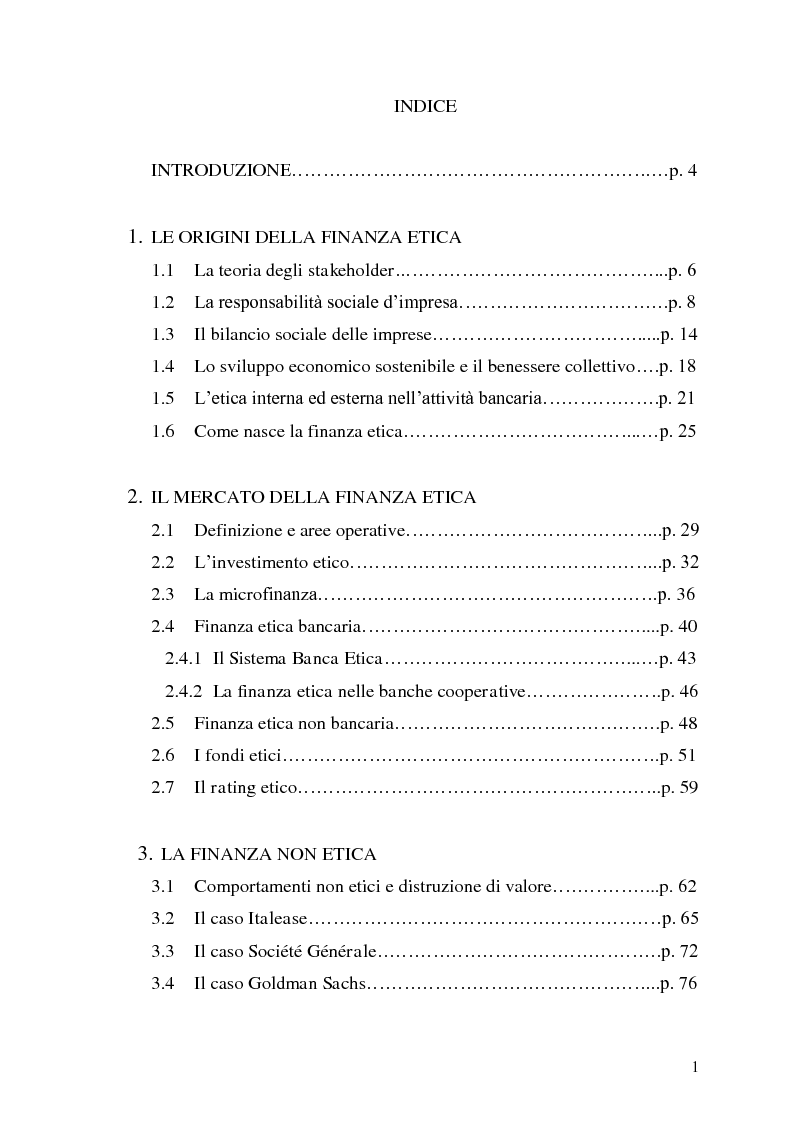 Indice della tesi: La finanza etica: il mercato italiano, Pagina 1