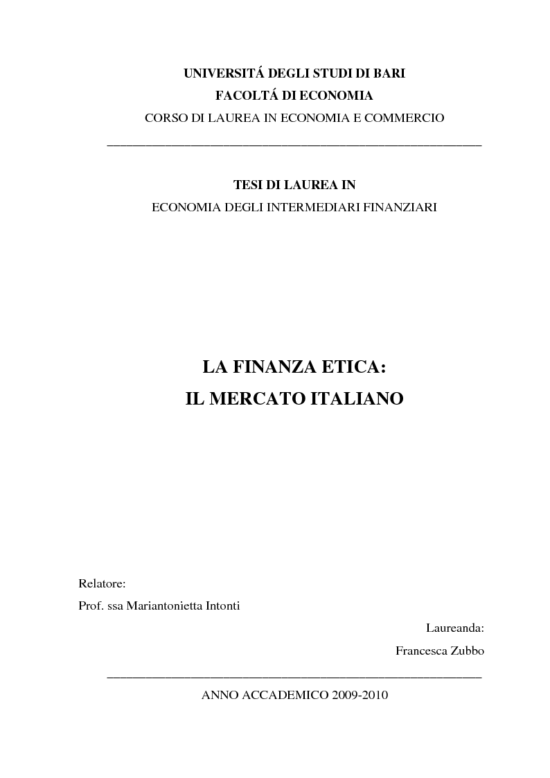 Anteprima della tesi: La finanza etica: il mercato italiano, Pagina 1