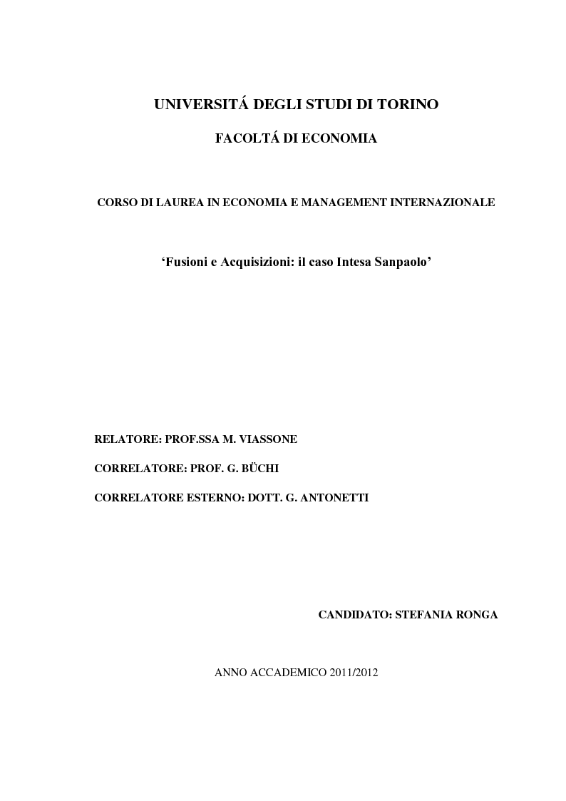 Anteprima della tesi: Fusioni e Acquisizioni: il caso Intesa Sanpaolo., Pagina 1