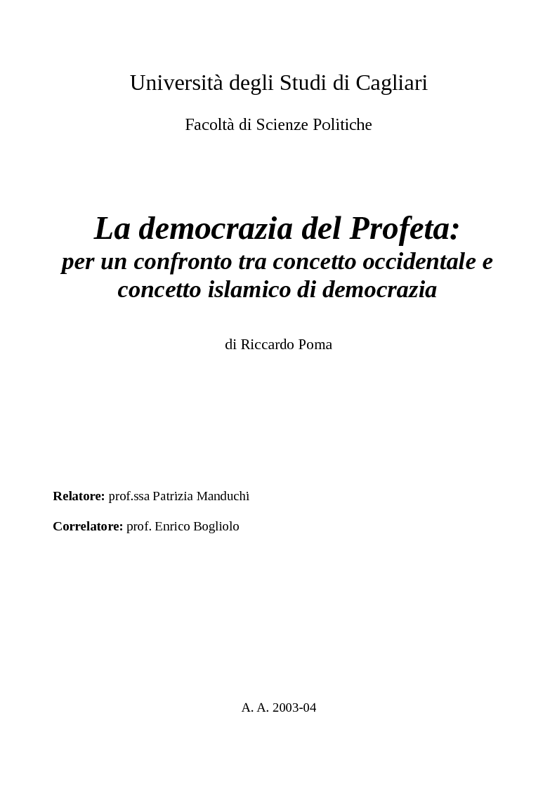 Anteprima della tesi: La democrazia del Profeta: per un confronto tra concetto occidentale e concetto islamico di democrazia., Pagina 1