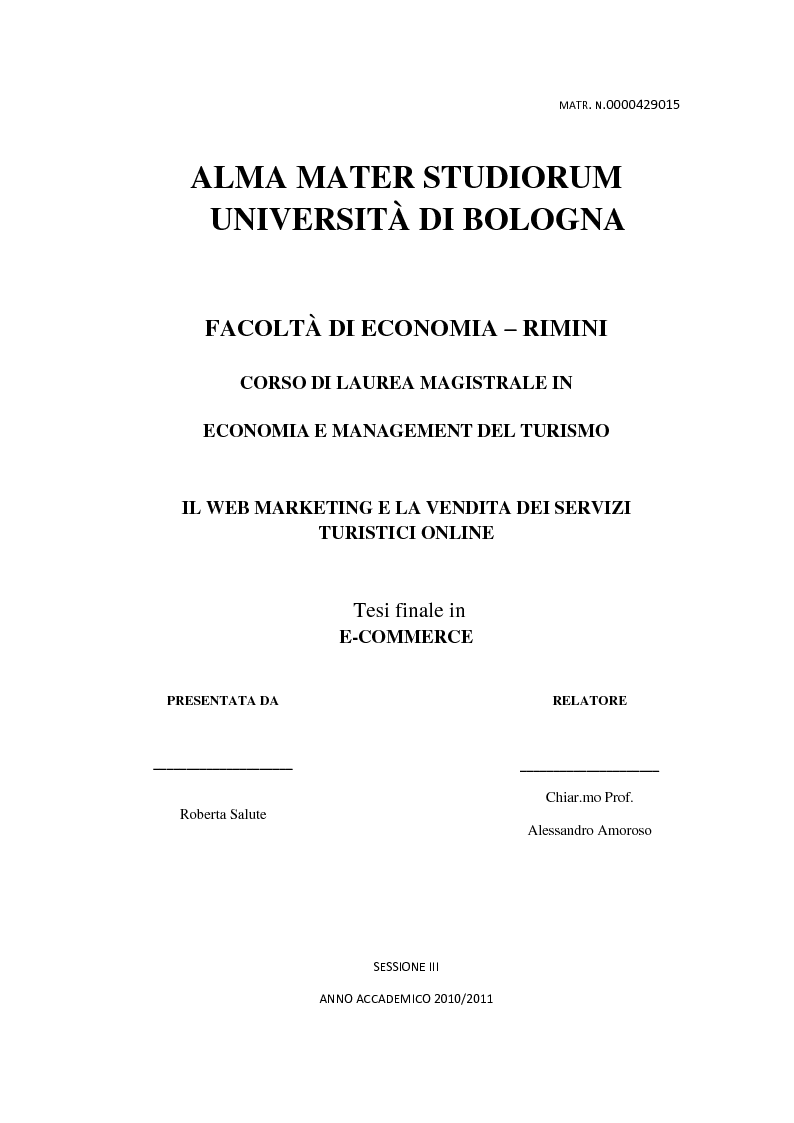 Anteprima della tesi: Il Web Marketing e la Vendita dei Servizi Turistici Online, Pagina 1