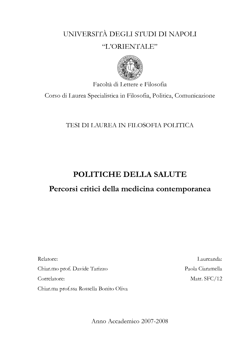 Anteprima della tesi: Politiche della salute. Percorsi critici della medicina contemporanea, Pagina 1