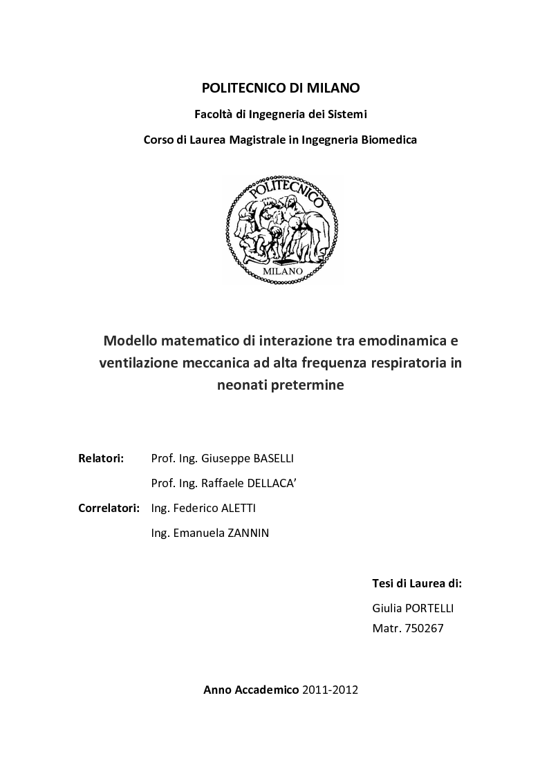 Anteprima della tesi: Modello matematico di interazione tra emodinamica e ventilazione meccanica ad alta frequenza respiratoria in neonati pretermine, Pagina 1
