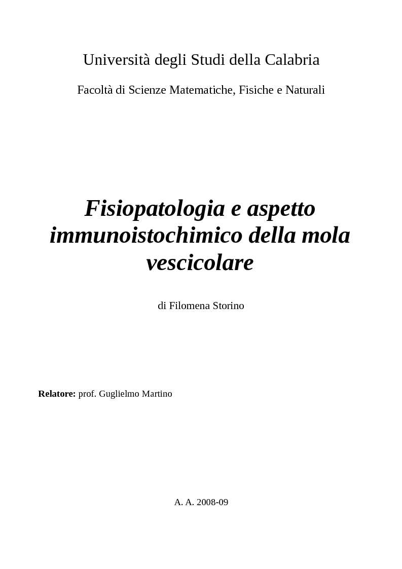 Anteprima della tesi: Fisiopatologia e aspetto immunoistochimico della mola vescicolare, Pagina 1