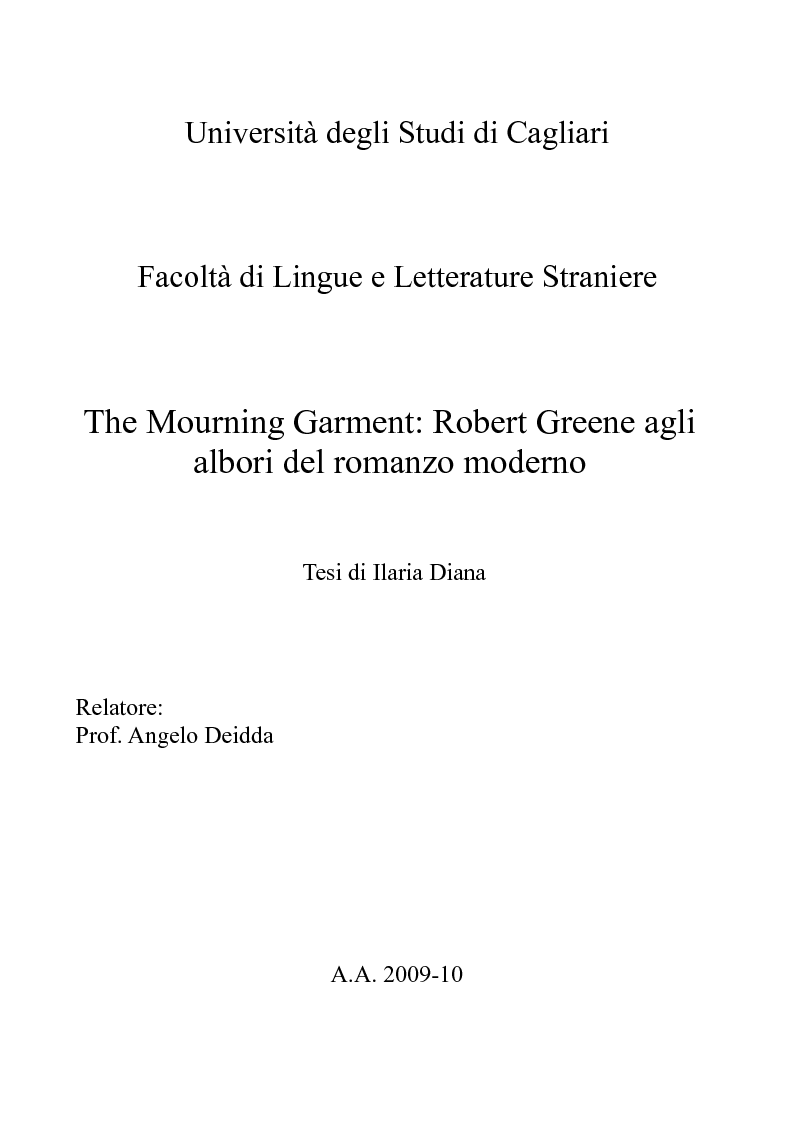 Anteprima della tesi: The Mourning Garment: Robert Greene agli albori del romanzo moderno, Pagina 1