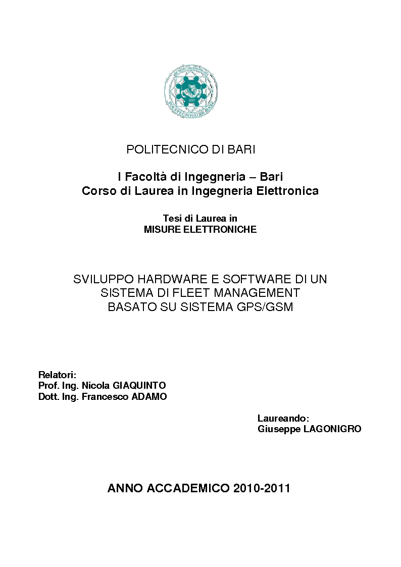 Anteprima della tesi: Sviluppo hardware e software di un sistema di fleet management basato su sistema GPS/GSM, Pagina 1