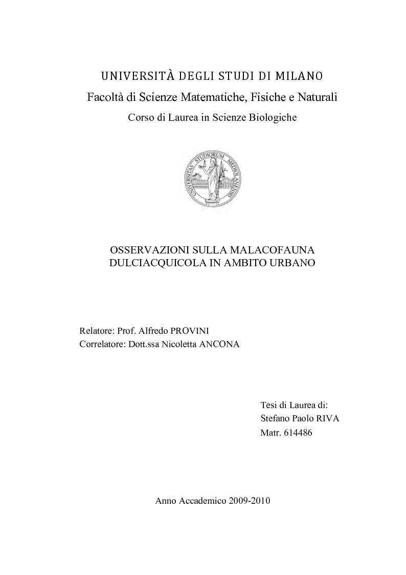 Anteprima della tesi: Osservazioni sulla malacofauna dulciacquicola in ambito urbano, Pagina 1