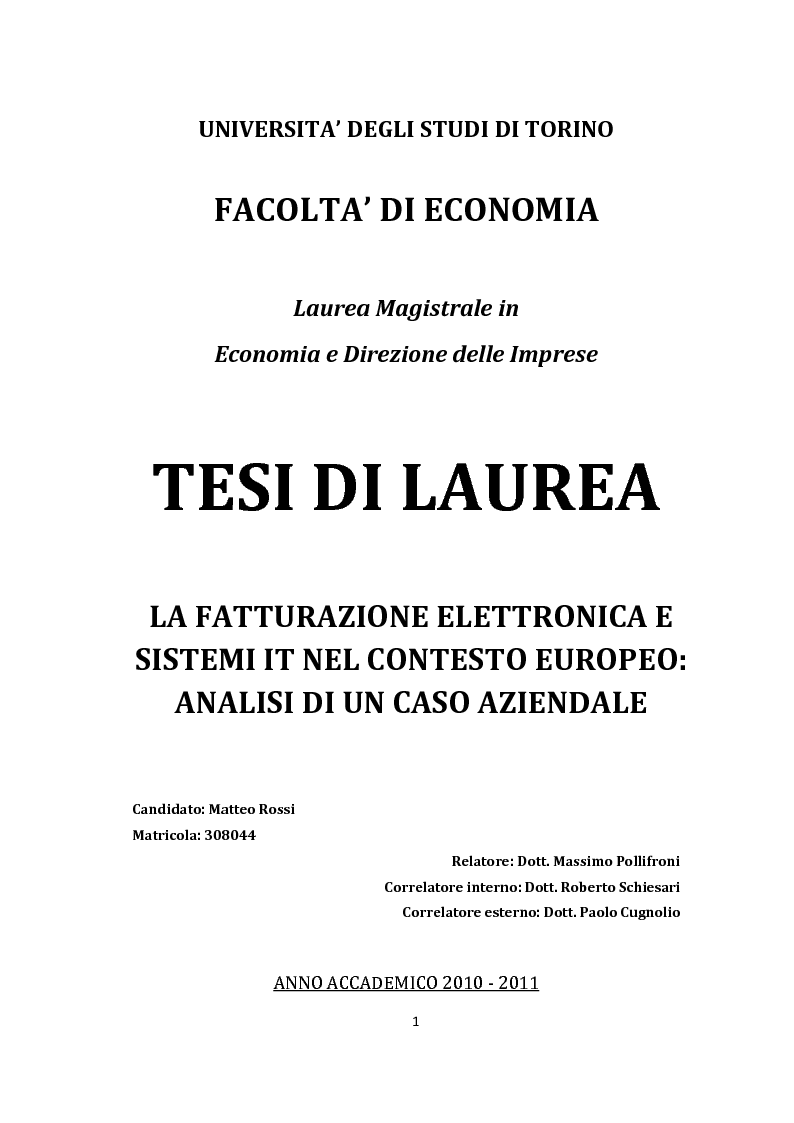 Anteprima della tesi: La Fatturazione Elettronica e Sistemi IT Nel Contesto Europeo: Analisi di un caso aziendale, Pagina 1