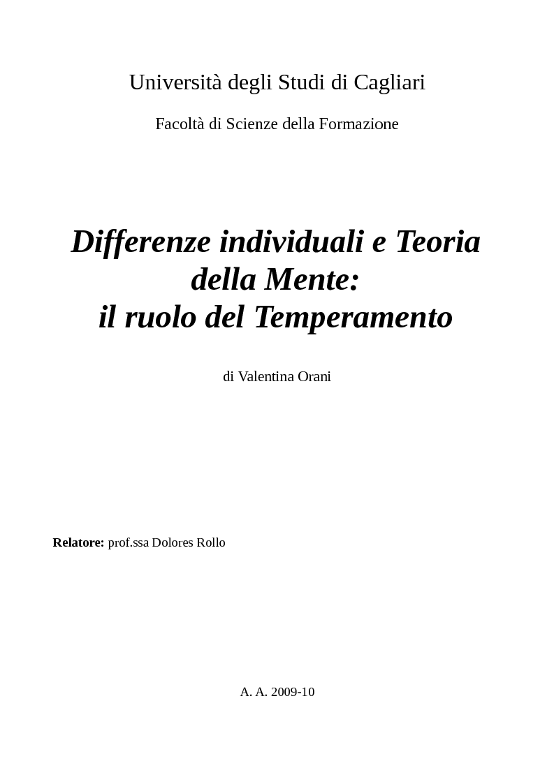 Anteprima della tesi: Differenze individuali e Teoria della Mente: il ruolo del Temperamento, Pagina 1