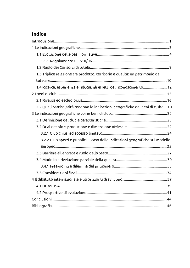Indice della tesi: Le indicazioni geografiche come beni di club, Pagina 1