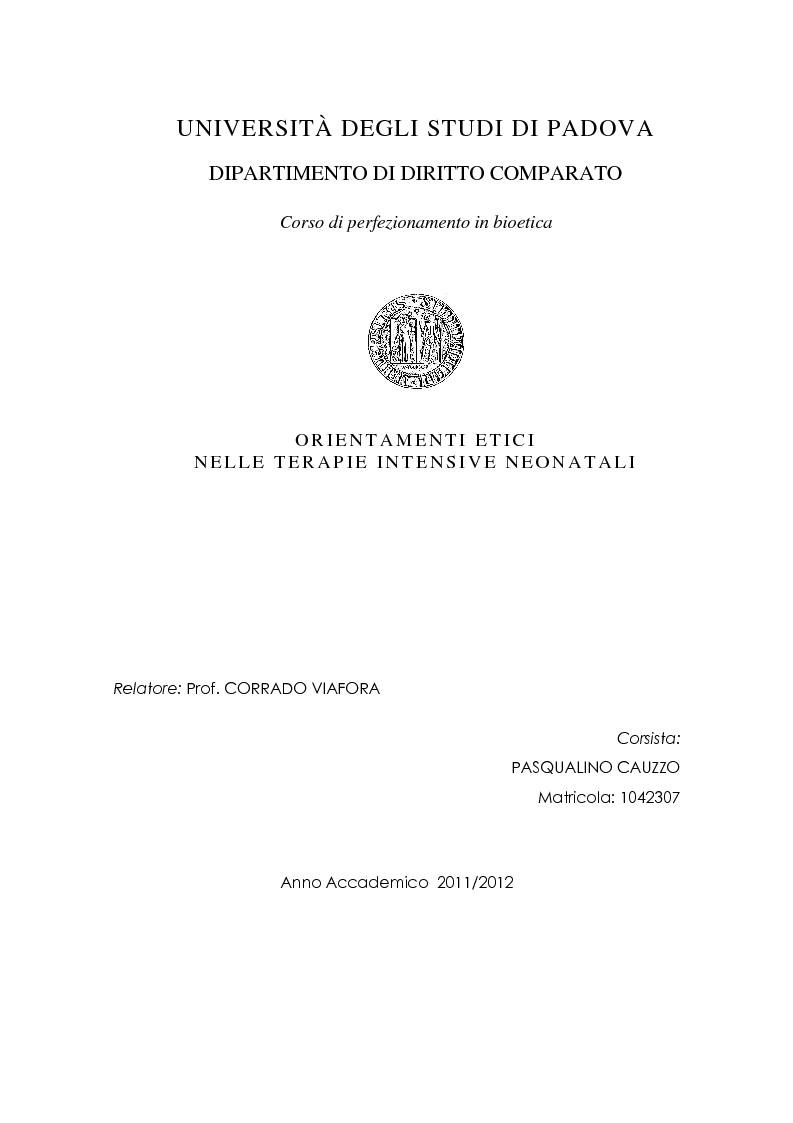 Anteprima della tesi: Orientamenti etici nelle terapie intensive neonatali, Pagina 1