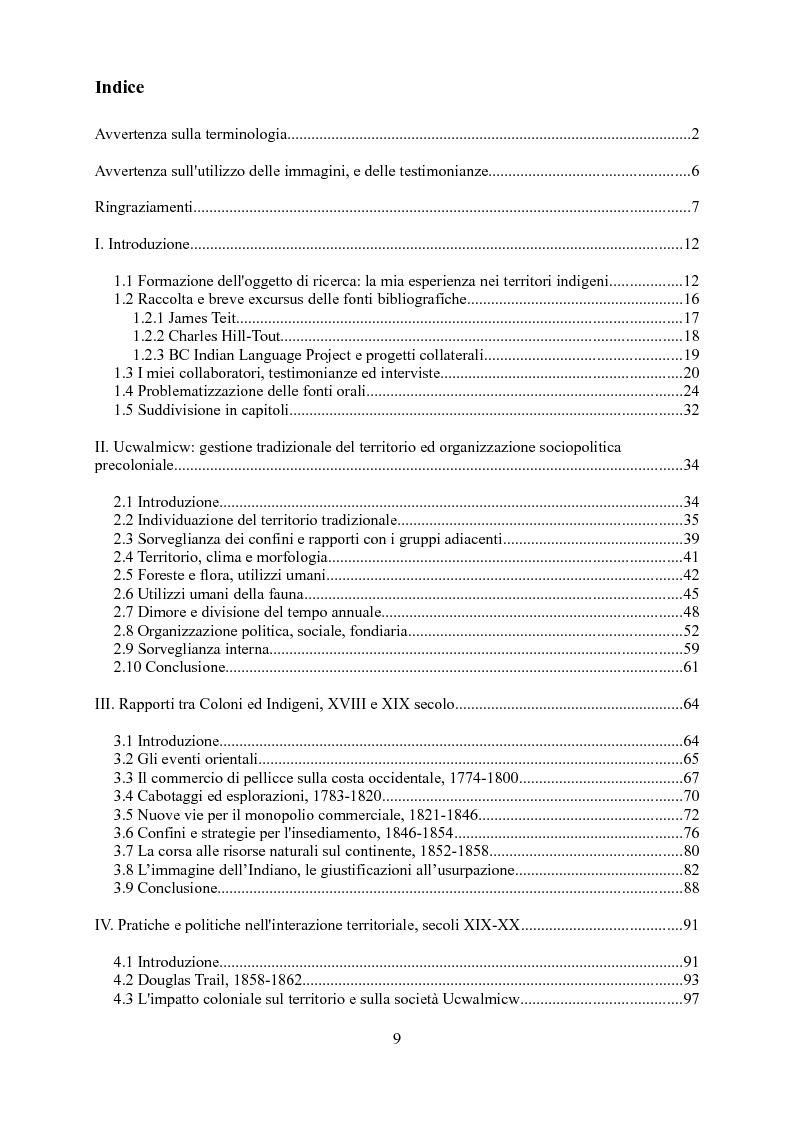 Indice della tesi: Ucwalmicw T'micw, la nostra terra: dinamiche di gestione fondiaria dei territori indigeni in British Columbia, Pagina 1
