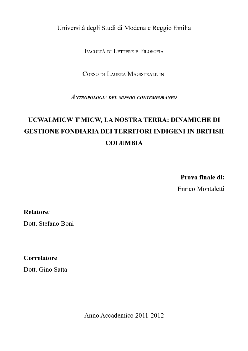 Anteprima della tesi: Ucwalmicw T'micw, la nostra terra: dinamiche di gestione fondiaria dei territori indigeni in British Columbia, Pagina 1