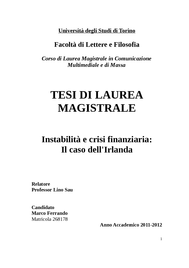 Anteprima della tesi: Instabilità e crisi finanziaria: il caso dell'Irlanda, Pagina 1