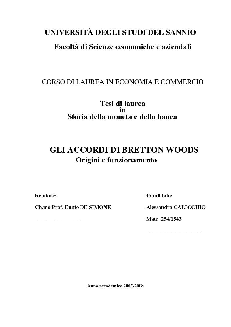 Anteprima della tesi: Gli accordi di Bretton Woods - Origini e funzionamento, Pagina 1