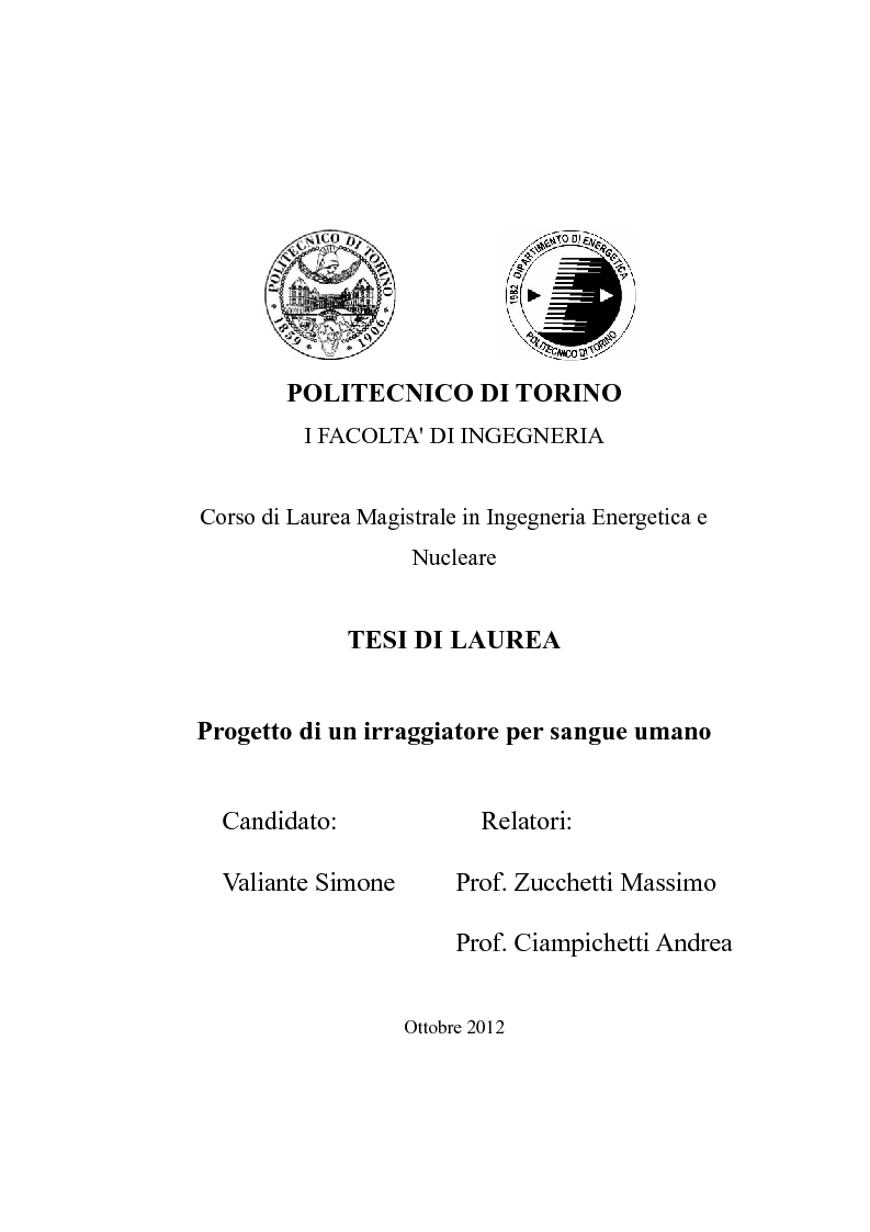 Anteprima della tesi: Progetto di un irraggiatore per sangue umano, Pagina 1
