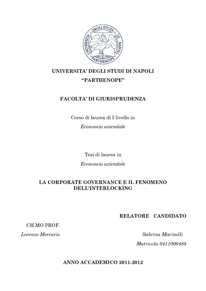 Anteprima della tesi: La corporate governance e il fenomeno dell'interlocking, Pagina 1
