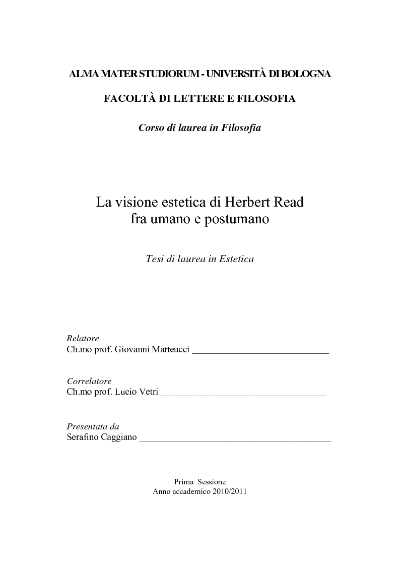 Anteprima della tesi: La visione estetica di Herbert Read fra umano e postumano, Pagina 1