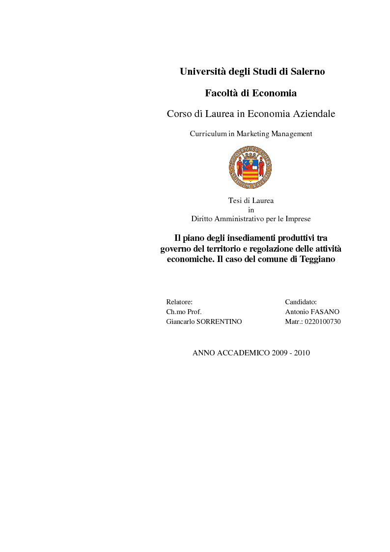 Anteprima della tesi: Il piano degli insediamenti produttivi tra governo del territorio e regolazione delle attività economiche. Il caso del comune di Teggiano, Pagina 1