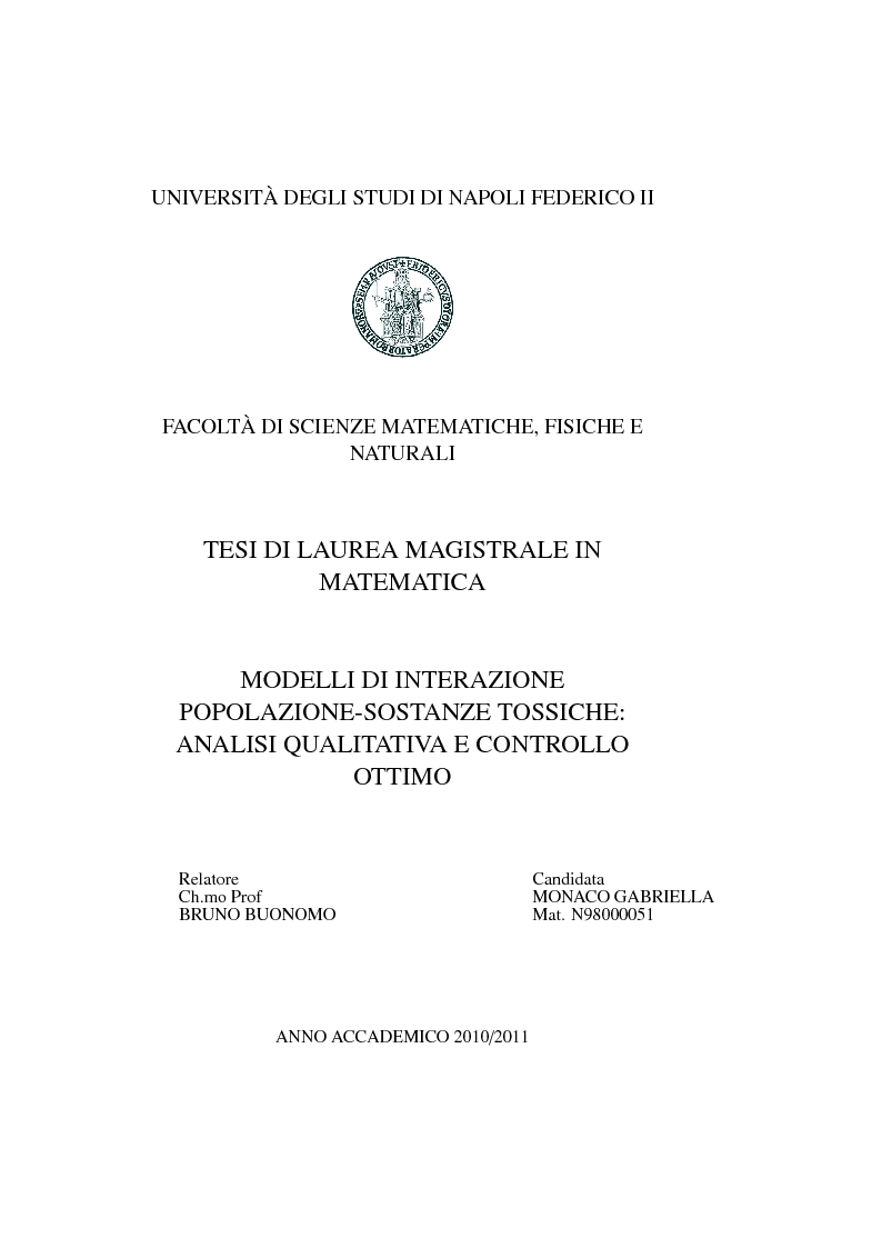 Anteprima della tesi: Modelli di interazione popolazione sostanze tossiche: analisi qualitativa e controllo ottimo, Pagina 1