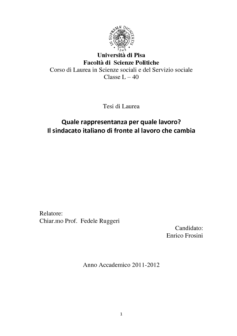 Anteprima della tesi: Quale rappresentanza per quale lavoro? Il sindacato italiano di fronte al lavoro che cambia., Pagina 1