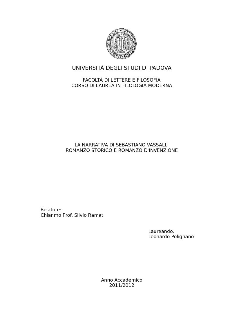 Anteprima della tesi: La narrativa di Sebastiano Vassalli. Romanzo storico e romanzo d'invenzione, Pagina 1