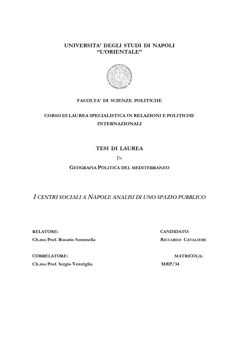 Anteprima della tesi: I centri sociali a Napoli: analisi di uno spazio pubblico, Pagina 1