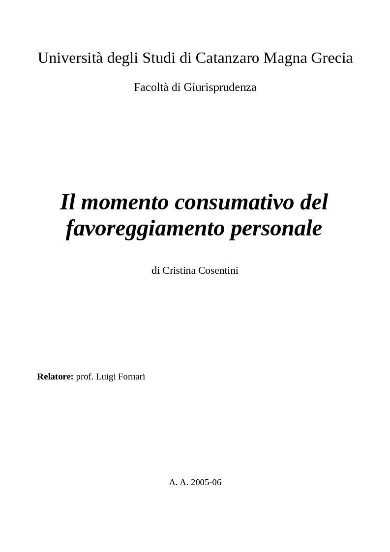 Anteprima della tesi: Il momento consumativo del favoreggiamento personale, Pagina 1