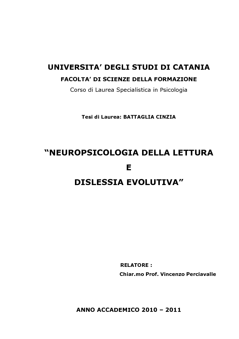 Anteprima della tesi: Neuropsicologia della lettura e dislessia evolutiva, Pagina 1