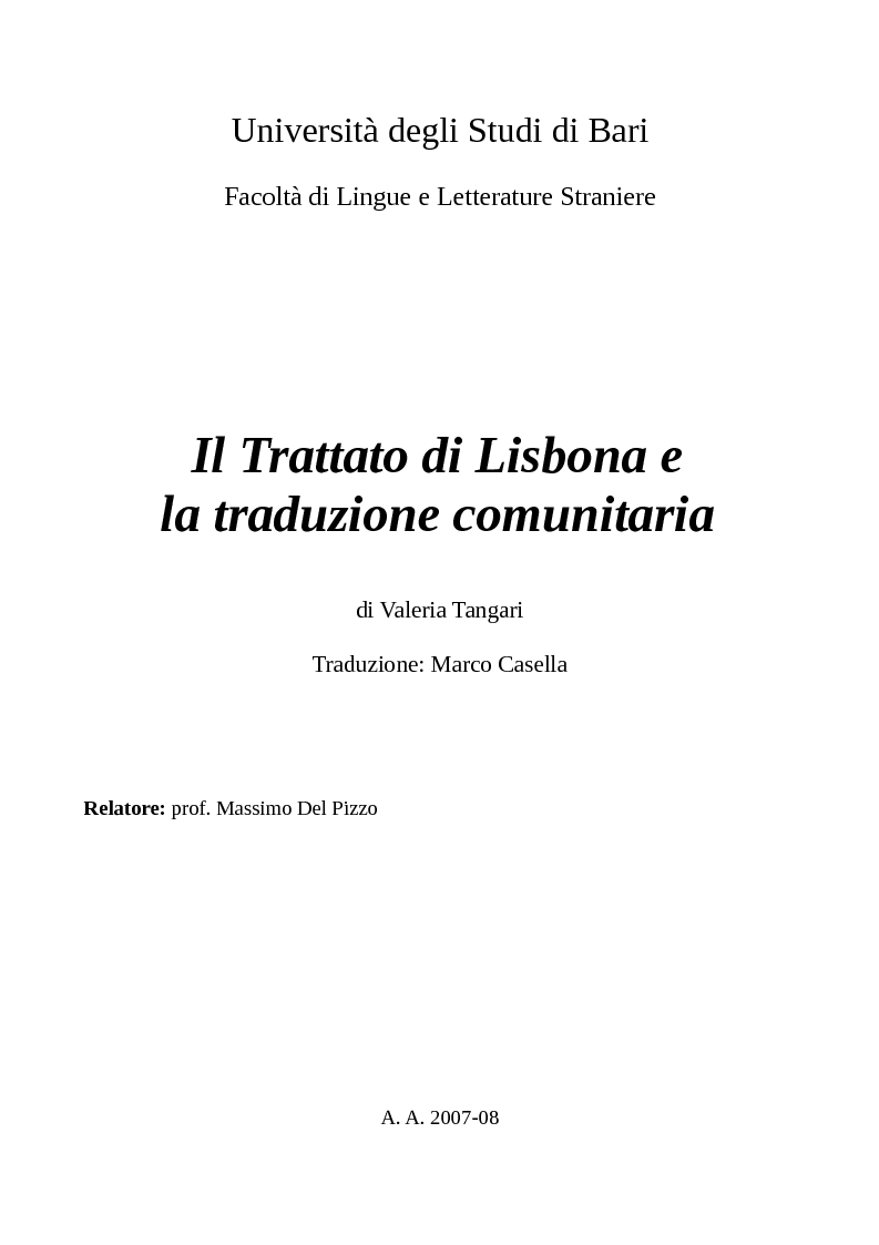 Anteprima della tesi: Il Trattato di Lisbona e la traduzione comunitaria, Pagina 1