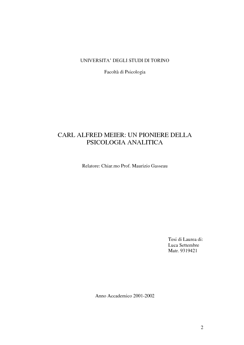 Anteprima della tesi: Carl Alfred Meier: un pioniere della psicologia analitica, Pagina 1