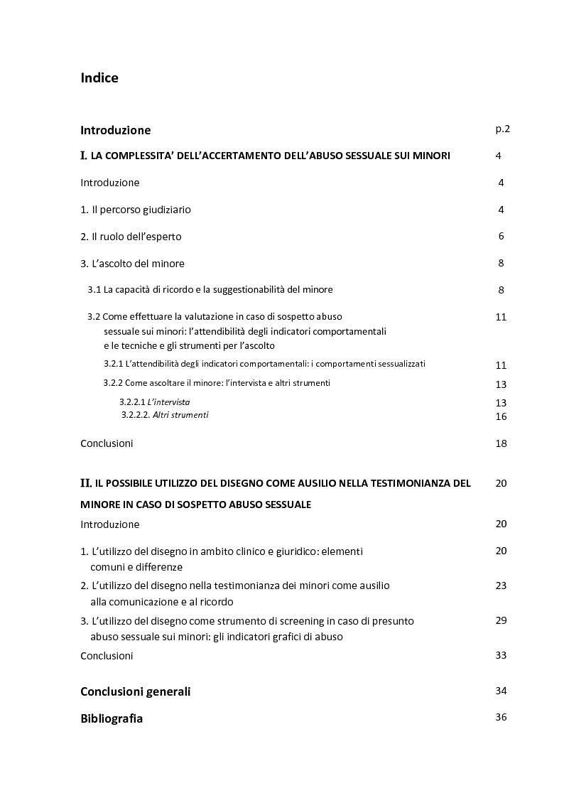 Indice della tesi: La complessità dell'accertamento dell'abuso sessuale sui minori: l'utilizzo del disegno come ausilio nella testimonianza., Pagina 1