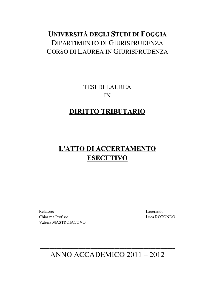 Anteprima della tesi: L'atto di accertamento esecutivo, Pagina 1