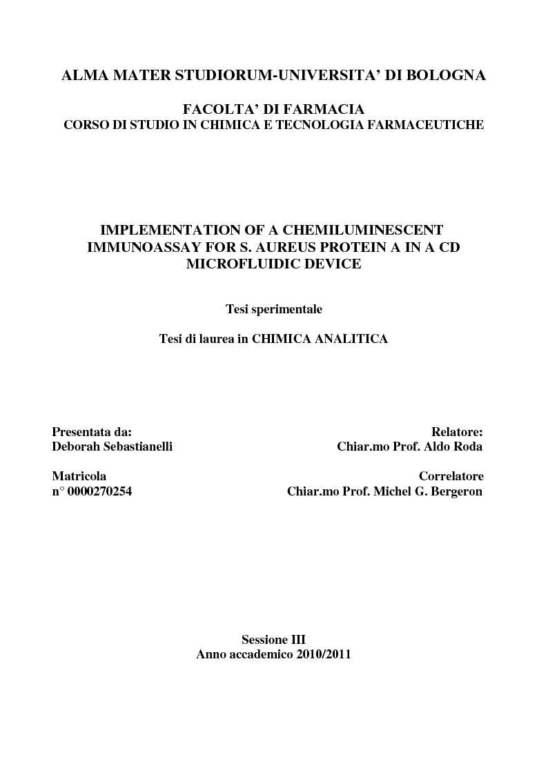 Anteprima della tesi: Implementation of a Chemiluminescent Immunoassay for S. Aureus Protein A in a Cd Microfluidic Device, Pagina 1