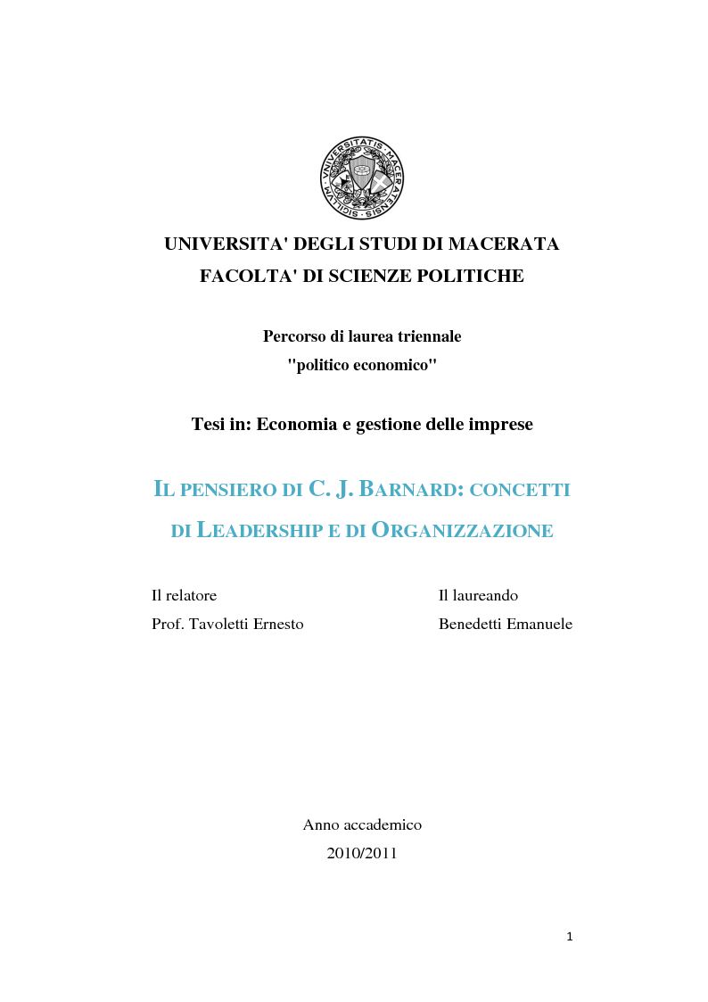 Anteprima della tesi: Il pensiero di C. J. Barnard: concetti di leadership e di organizzazione, Pagina 1