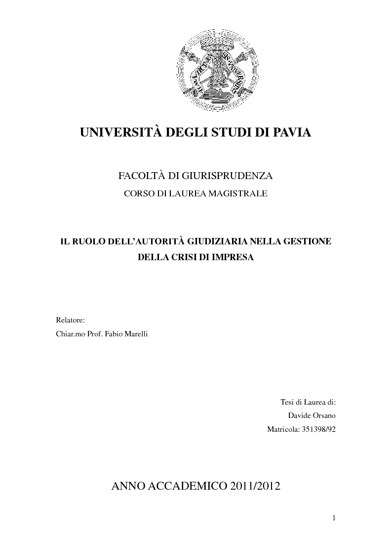 Anteprima della tesi: Il ruolo dell'autorità giudiziaria nella gestione della crisi di impresa, Pagina 1