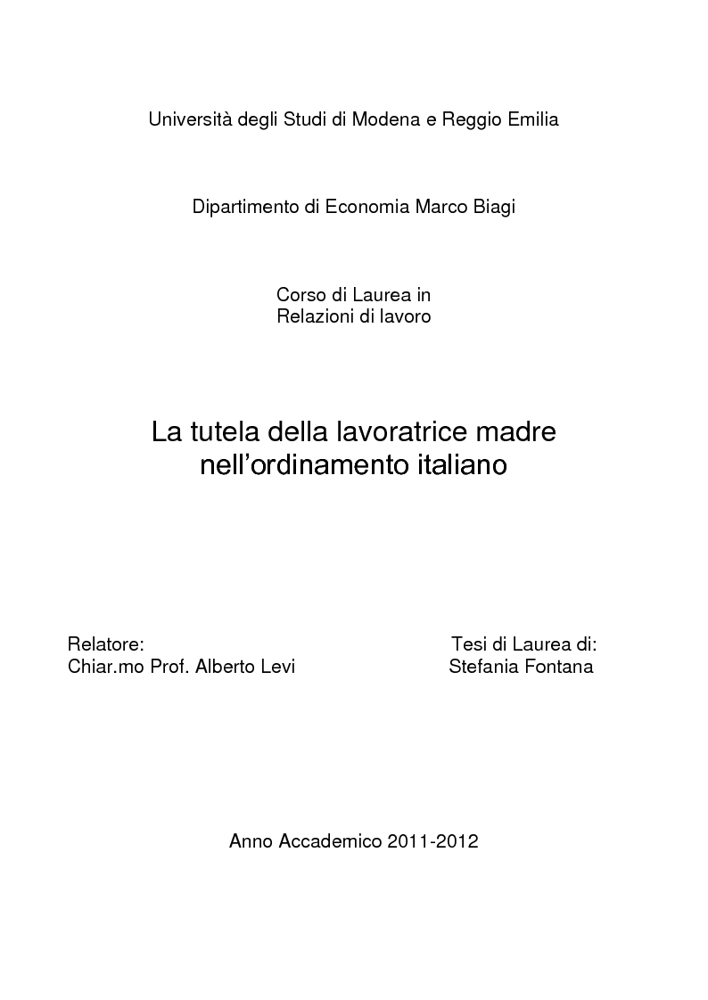 Anteprima della tesi: La tutela della lavoratrice madre nell'ordinamento italiano, Pagina 1