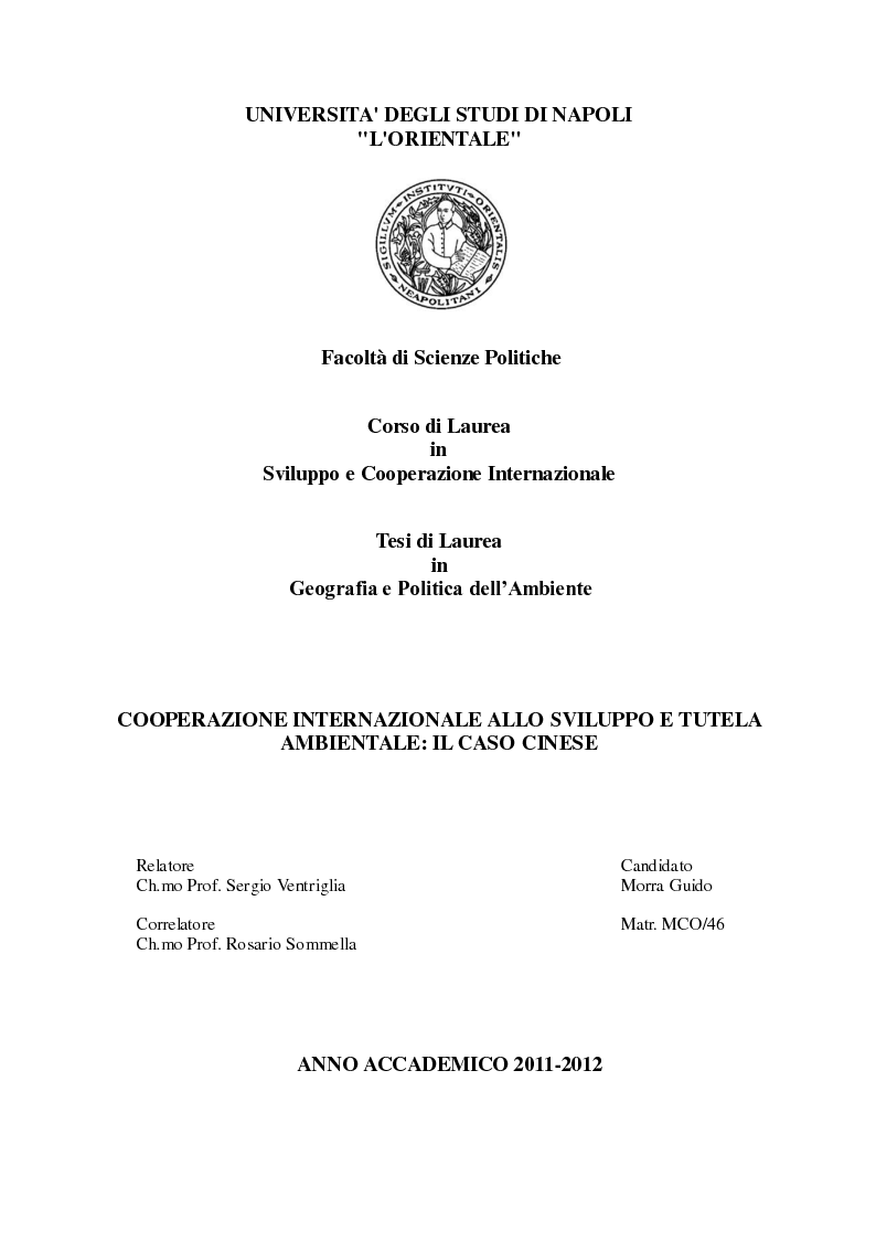 Anteprima della tesi: Cooperazione Internazionale allo Sviluppo e Tutela Ambientale: Il Caso Cinese, Pagina 1