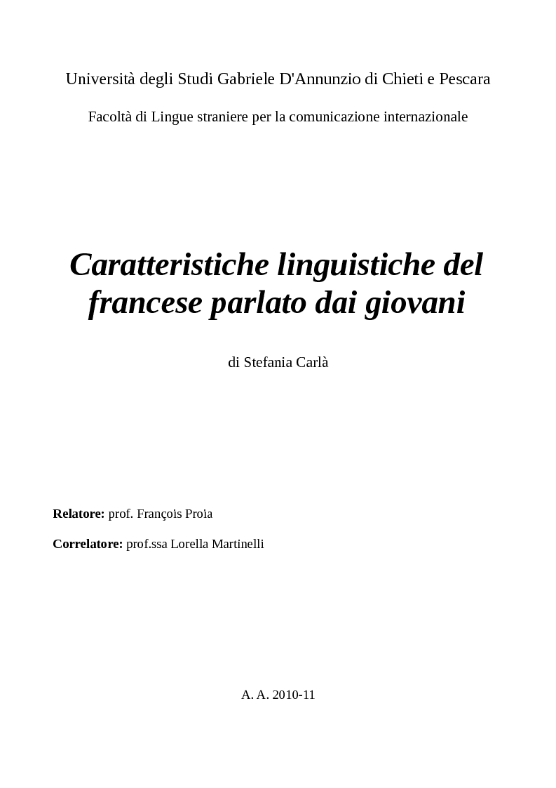 Anteprima della tesi: Caratteristiche linguistiche del francese parlato dai giovani, Pagina 1