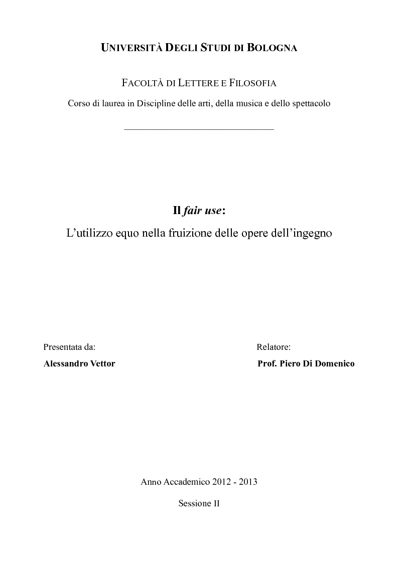 Anteprima della tesi: Il ''fair use'': l'utilizzo equo nella fruizione delle opere dell'ingegno, Pagina 1