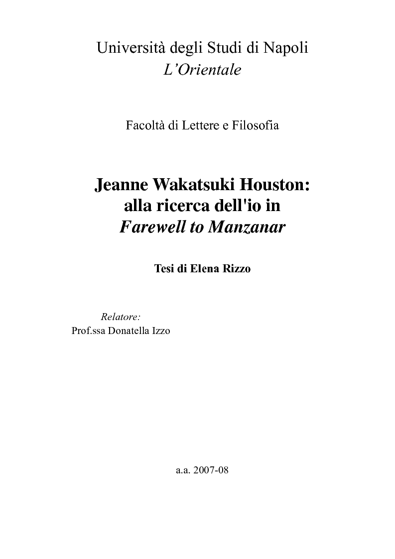 Anteprima della tesi: Jeanne Wakatsuki Houston: alla ricerca dell'io in "Farewell to Manzanar", Pagina 1